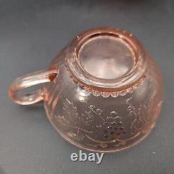 Pink Glass Punch Bowl With LID & 5 Cups Grape Vine And Strawberry Pattern