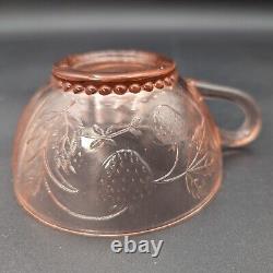 Pink Glass Punch Bowl With LID & 5 Cups Grape Vine And Strawberry Pattern