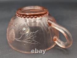 Pink Glass Punch Bowl With LID & 5 Cups Grape Vine And Strawberry Pattern