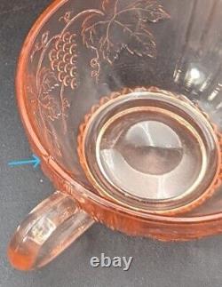 Pink Glass Punch Bowl With LID & 5 Cups Grape Vine And Strawberry Pattern