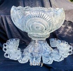 Pinwheel & Stars Crystal Punch Bowl SetAmerican Brillian EAPGSmith Glass Co