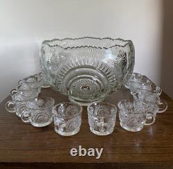 Pinwheel and Stars Glass Round Punch Bowl Set with 12 Matching Punch Cups