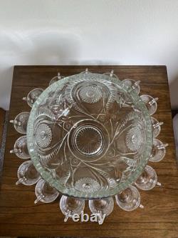 Pinwheel and Stars Glass Round Punch Bowl Set with 12 Matching Punch Cups