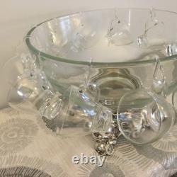 Pittman Dreitzer 15 Piece Punch Bowl Ornate Silver Stand 12 Cup Hooks Ladle Vtg