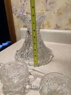 Press Cut Pedestal Punch Bowl with Cups Button Pattern Marked 15 1/2 Diameter