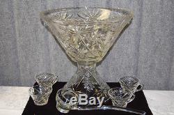 Pressed Glass Large Punch Bowl, Matching Pedestal, Four Cups and Ladle L2372