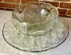 Pressed Sawtooth Cut Glass Punch Serving Bowl Pedestal Tray 12 Cups XL 30 Lbs