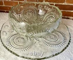 Pressed Sawtooth Cut Glass Punch Serving Bowl Pedestal Tray 12 Cups XL 30 Lbs