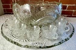 Pressed Sawtooth Cut Glass Punch Serving Bowl Pedestal Tray 12 Cups XL 30 Lbs