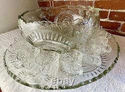 Pressed Sawtooth Cut Glass Punch Serving Bowl Pedestal Tray 12 Cups XL 30 Lbs