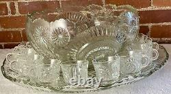 Pressed Sawtooth Cut Glass Punch Serving Bowl Pedestal Tray 12 Cups XL 30 Lbs