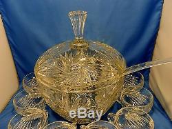 Pretty Vintage heavy (17+ lb) Nachtmann Kristall Punch bowl, lid, 12 cups spoon