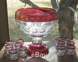 Price Cut! Tiffin Kings Crown Ruby Flash 16 Punch Bowl, Base &12 Punch Cups Evc