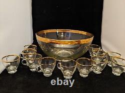 Punch Bowl 12 Cups Glass with Gold Trim