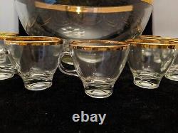 Punch Bowl 12 Cups Glass with Gold Trim