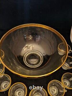 Punch Bowl 12 Cups Glass with Gold Trim