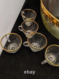 Punch Bowl 12 Cups Glass with Gold Trim