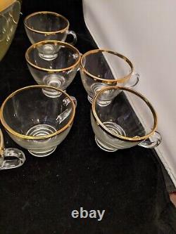 Punch Bowl 12 Cups Glass with Gold Trim