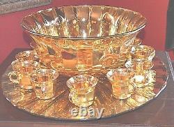 Punch Bowl & 12 Cups Gold Flash Glass Vintage United States Glass