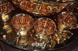 Punch Bowl & 12 Cups Gold Flash Glass Vintage United States Glass