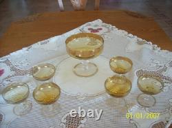Punch Bowl & 6 Glasses Antique Set Gold Etched Scalloped Edges To Clear