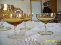 Punch Bowl & 6 Glasses Antique Set Gold Etched Scalloped Edges To Clear