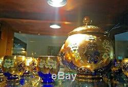 Punch Bowl Cobalt With 10 Glasses Cup Blue & 24k Gold Beautiful 3D Flowers