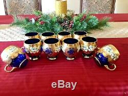 Punch Bowl Cobalt With 10 Glasses Cup Blue & 24k Gold Beautiful 3D Flowers