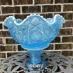 Punch Bowl Fenton Blue Ruffled Opalesent with Pedestal Tagged