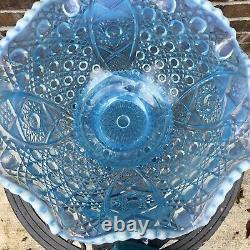 Punch Bowl Fenton Blue Ruffled Opalesent with Pedestal Tagged