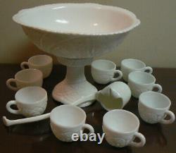 Punch Bowl Milk Glass Concord Pattern McKee Pedestal & with 9 cups & ladle Vtg