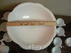 Punch Bowl Milk Glass Concord Pattern McKee Pedestal & with 9 cups & ladle Vtg