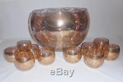 Punch Bowl Set West Virginia Glass Specialty Gold Splatter Optic Loop 12 Pieces