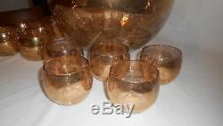 Punch Bowl Set West Virginia Glass Specialty Gold Splatter Optic Loop 12 Pieces