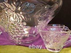 Punch Bowl Set With 12 Cups Vintage Anchor Hocking Clear Grapes and Leaves