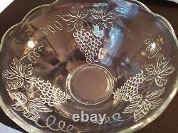 Punch Bowl Set With 12 Cups Vintage Anchor Hocking Clear Grapes and Leaves