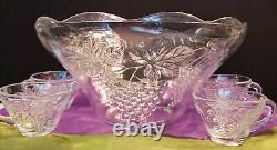 Punch Bowl Set With 12 Cups Vintage Anchor Hocking Clear Grapes and Leaves