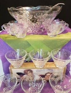 Punch Bowl Set With 12 Cups Vintage Anchor Hocking Clear Grapes and Leaves