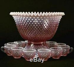 Punch Set, Fenton Rose Magnolia Opalescent Hobnail 12 cups punch bowl and base