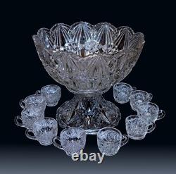 RADIUM CAMBRIDGE Antique EAPG Crystal Glass Stars Punch Bowl SET & LE Smith Cups