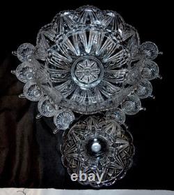 RADIUM CAMBRIDGE Antique EAPG Crystal Glass Stars Punch Bowl SET & LE Smith Cups