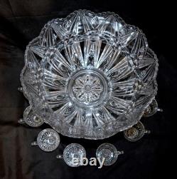 RADIUM CAMBRIDGE Antique EAPG Crystal Glass Stars Punch Bowl SET & LE Smith Cups