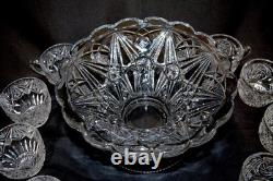 RADIUM CAMBRIDGE Antique EAPG Crystal Glass Stars Punch Bowl SET & LE Smith Cups