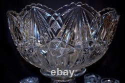RADIUM CAMBRIDGE Antique EAPG Crystal Glass Stars Punch Bowl SET & LE Smith Cups