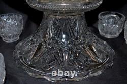 RADIUM CAMBRIDGE Antique EAPG Crystal Glass Stars Punch Bowl SET & LE Smith Cups
