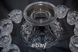 RADIUM CAMBRIDGE Antique EAPG Crystal Glass Stars Punch Bowl SET & LE Smith Cups
