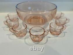 RARE 1930's Elegant Pink Depression Glass Punch Bowl 7 matching Punch Cups