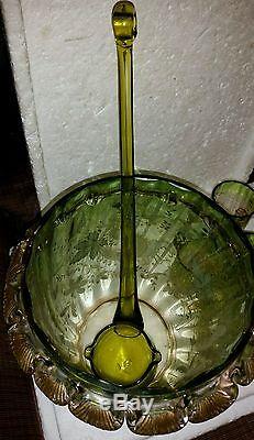 Rare Antique Hand Blown Murano Glass Punch Bowl Cups & Ladle Enameled & Gold