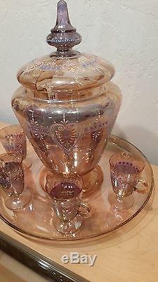 RARE ANTIQUE VINTAGE BOHEMIAN GLASS PUNCH BOWL and CUPS