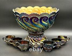RARE Absolutely Flawless Dugan 8-piece S-Repeat Carnival Glass Punch Bowl Set